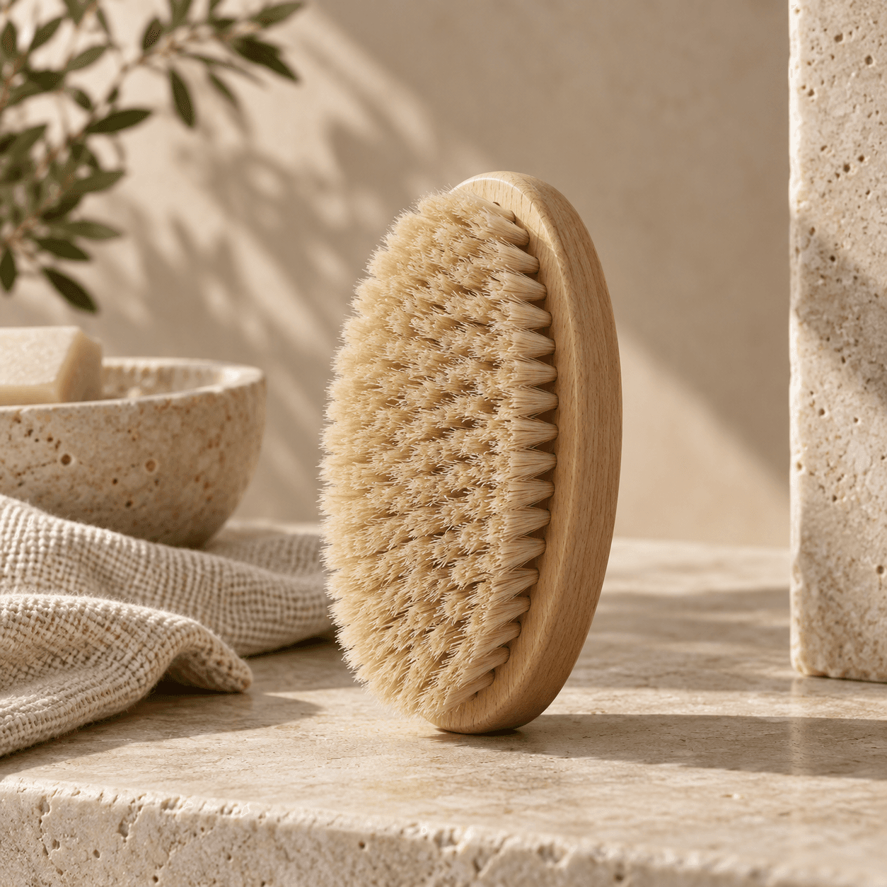 Body Reset dry brush — natural bristles on a light wooden base, styled on warm stone