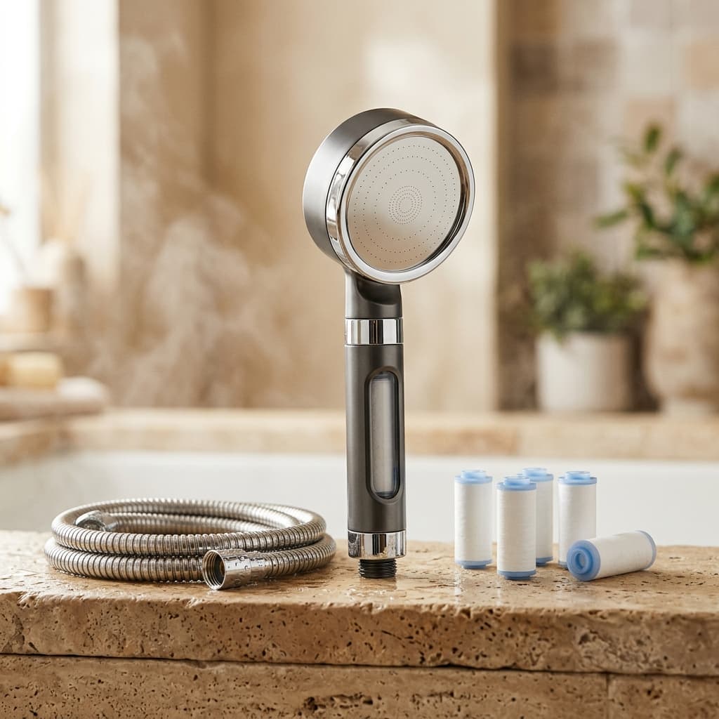 Shower Reset filter head — graphite handheld shower head with chrome accents and a coiled steel hose, styled on warm travertine stone