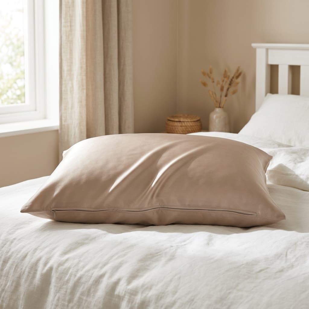 Silk Reset pillowcase in champagne mulberry silk on a soft morning bed, hidden zipper visible