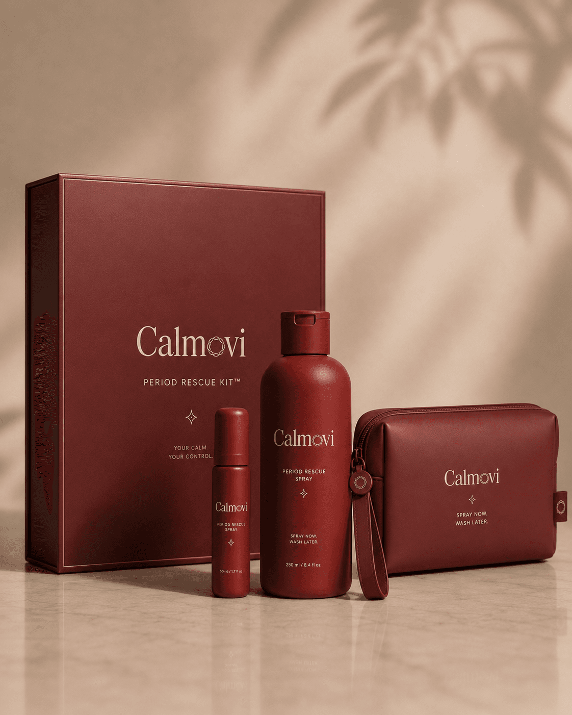 Calmovi Period Rescue Kit — 250ml home bottle, 50ml purse spray, and waterproof pouch