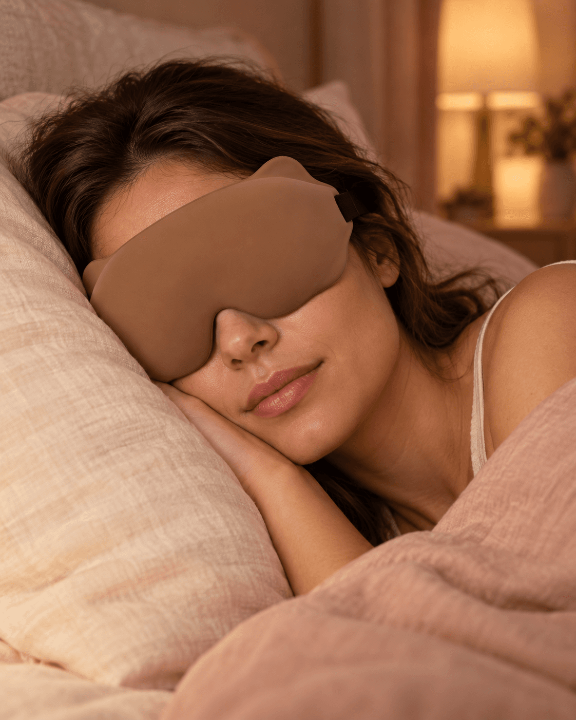 A woman asleep on her side wearing the Sleep Reset Mask in Sand in a warmly lit bedroom