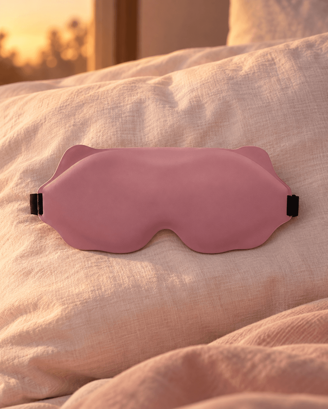 The Sleep Reset Mask in Blush on a soft pink pillow at dusk