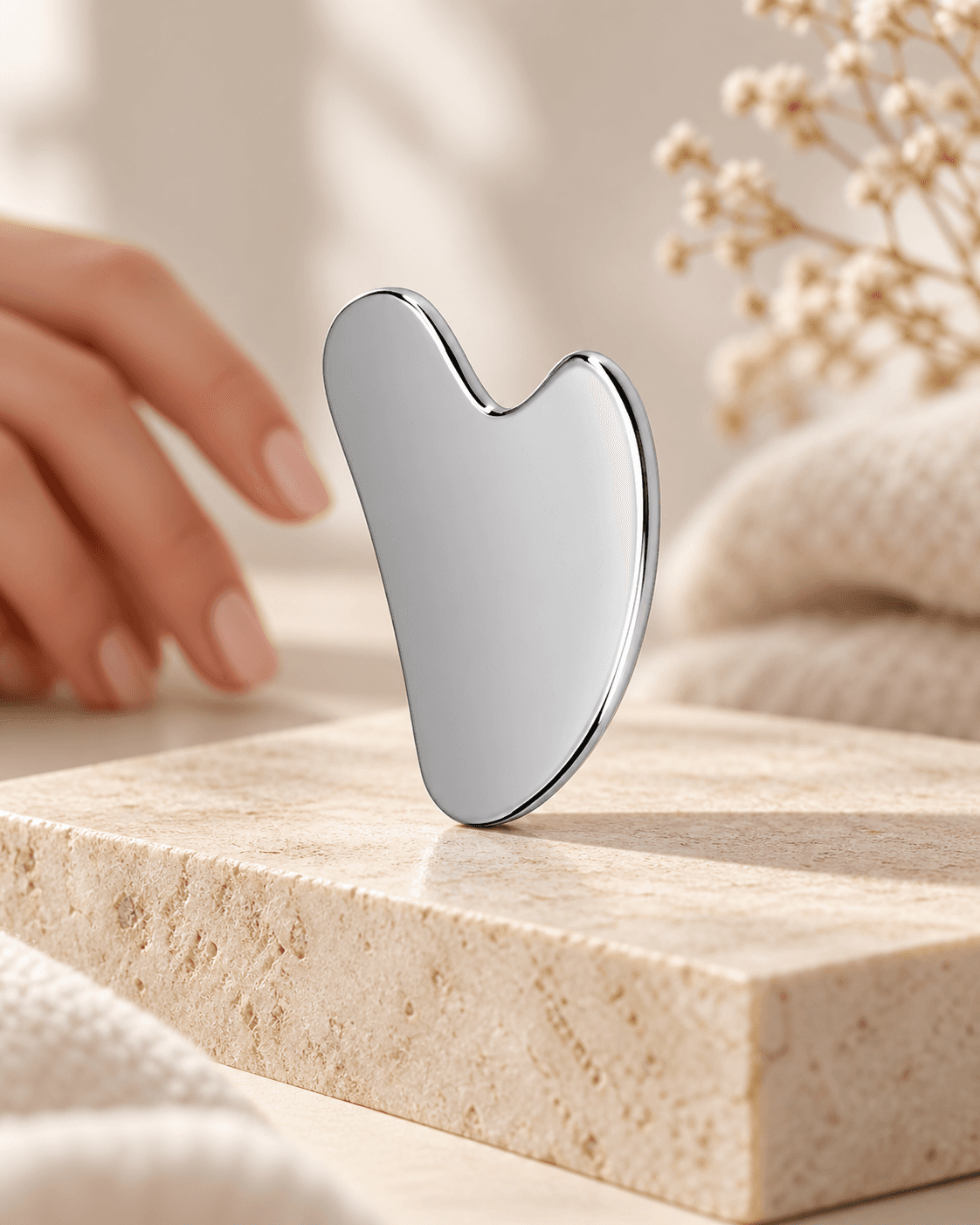 Cooling Reset Gua Sha standing on a warm ivory stone plinth