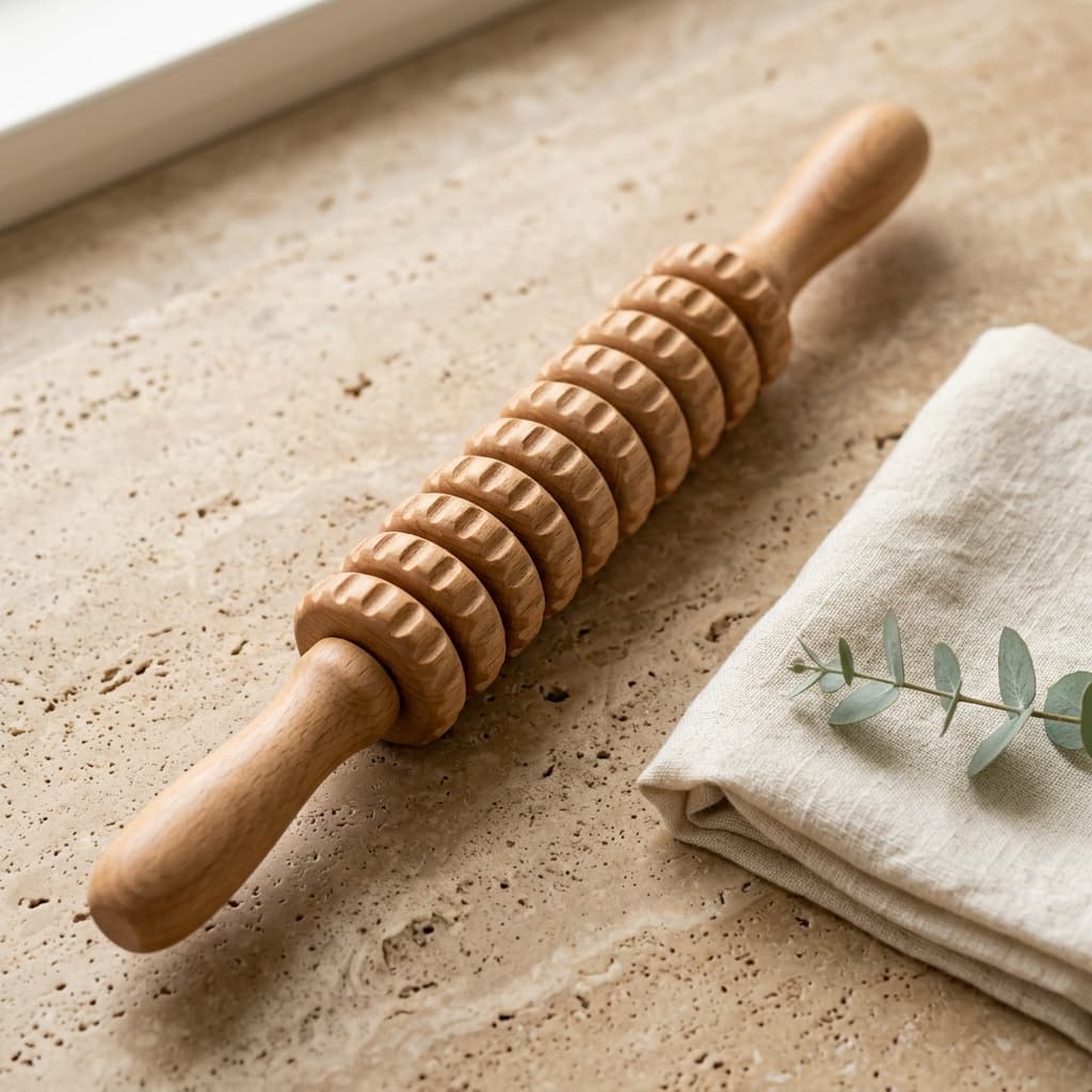 Body Reset wood roller — natural beech 12-wheel massage roller on warm travertine stone with a folded linen towel